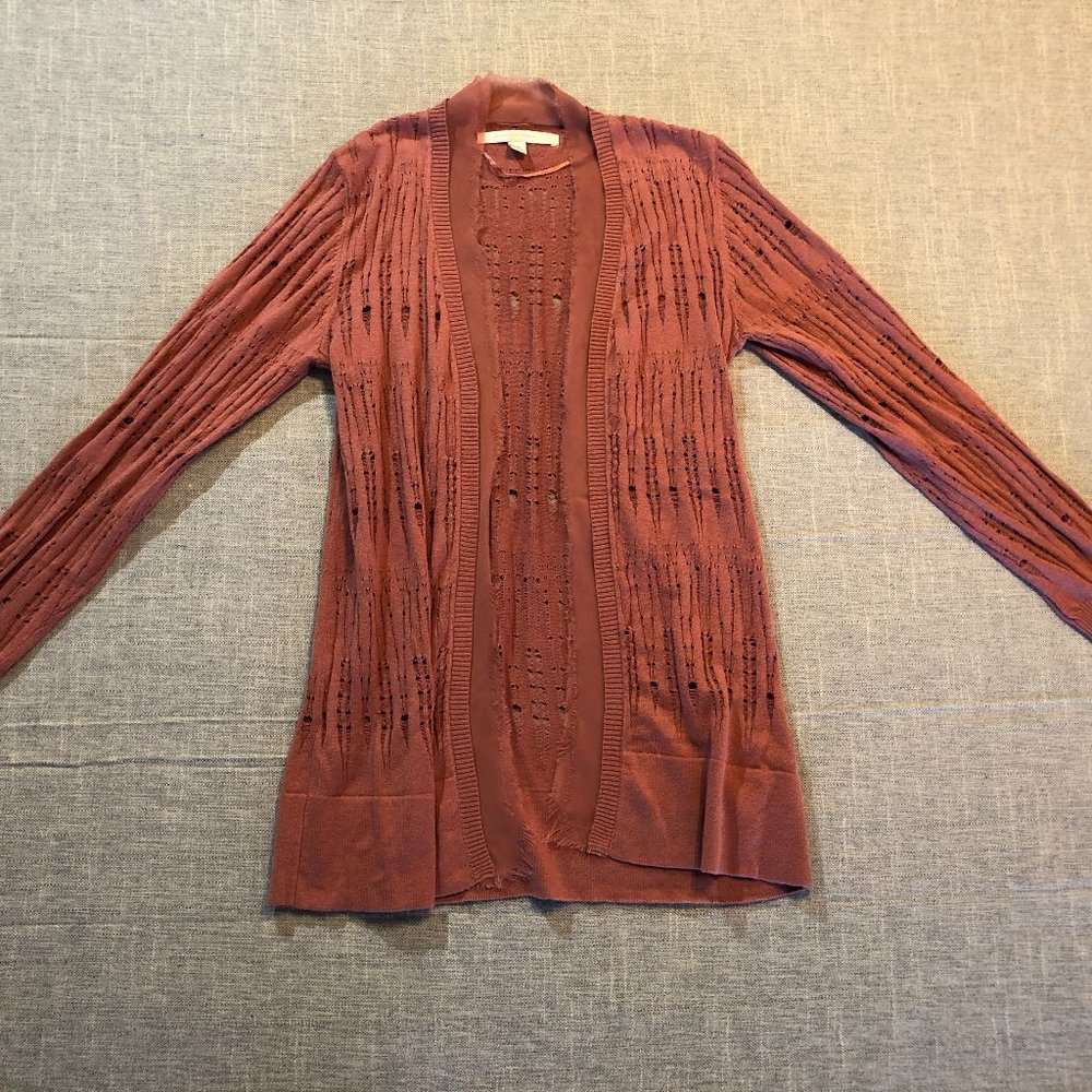 Open Front Pointelle Cardigan w/Chiffon Trim